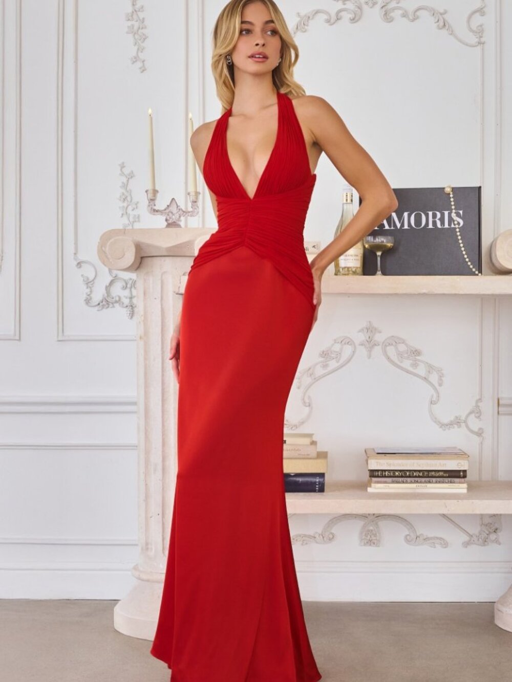 New Red Bridesmaid Long Chiffon Gown W/ Ruched Waistline & Halter Neck Cd T720